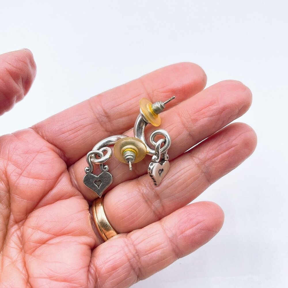 Silver Heart Padlock Dangle Earrings With Loop Design - Picture 3 of 4